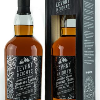 Nestled in the heart of Mount Lebanon, where the rugged terrain intertwines with age-old tradition, Levant Heights Scorched Earth encapsulates the essence of rebellion, painstakingly crafted within the embrace of white oak barrels. Drawing from eight generations of expertise at the esteemed Riachi distillery, Levant Heights is the quintessence of Lebanese craft whisky. This cask strength release is the raw expression of our smokiest whiskies ever produced, Levant Heights Black Peak Bonfires. Meticulously crafted from a blend of Scottish peated malt and locally sourced sun-dried malt, the mash undergoes a unique cold-smoking process with Lebanese peat. Each batch is then subjected to a double distillation in our copper pot goose-neck still before maturing for a minimum of five years in new charred American oak barrels. As the whisky caresses your senses, immerse yourself in the captivating aromas of distant bonfires and smoldering embers, intertwined with earthy whispers and the unmistakable allure of fresh peat. Delight in the subtle dance of smoked meat and the lingering touch of iodine, accompanied by the gentle warmth of black pepper, ginger, and tobacco leaf, kissed by hints of cinnamon. On the palate, surrender to a symphony of flavors, where the intensity of the nose gives way to a more delicate rendition. Here, the earthy essence meets the comforting embrace of wood, offering a harmonious blend of baking spices, vanilla, and caramel, reminiscent of Crème Brûlée. Savory notes of chestnut cream add depth and complexity, while whispers of coconut linger like a gentle breeze on a scorched earth.